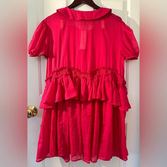 NWT KIMCHI BLUE Pink Ruffled Babydoll Cotton Large Peter Pan Collar Puff Sleeves - Picture 2 of 11